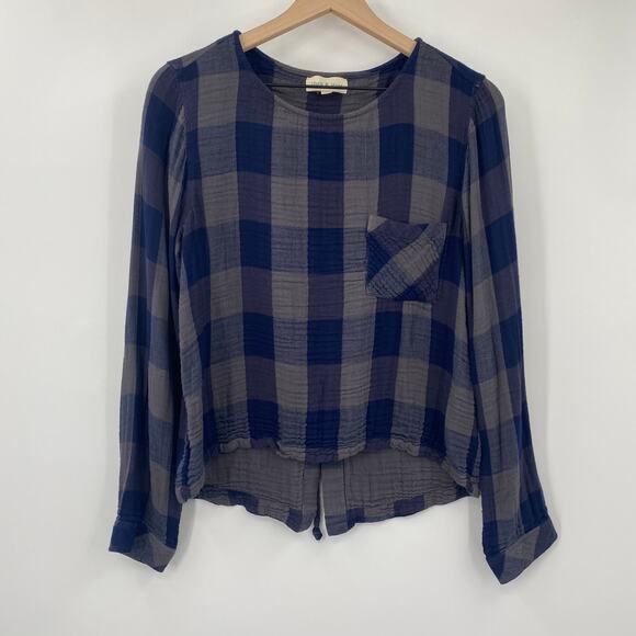 Anthropologie Cloth + Stone Gingham Plaid Top Lace Up Long Sleeve Navy Gray M - Picture 3 of 10